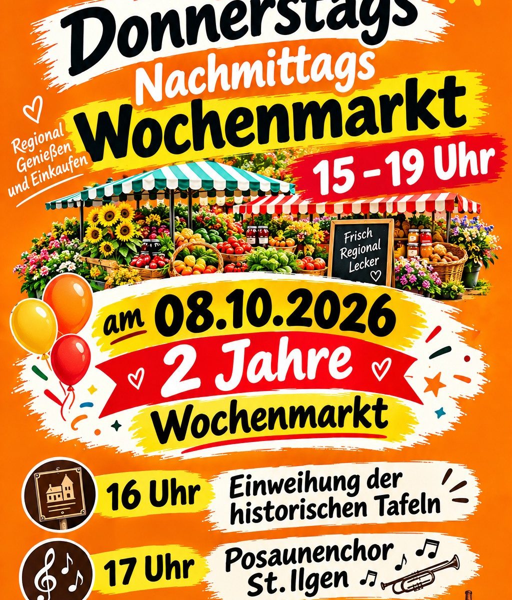 Plakat mit Ankündigung zu 2 Jahre Wochenmarkt