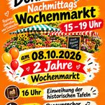 Plakat mit Ankündigung zu 2 Jahre Wochenmarkt